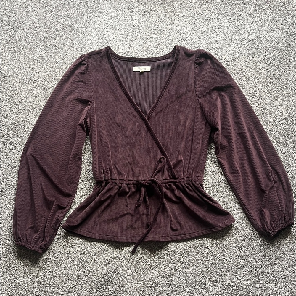 Madewell Wrap Front Long Sleeve Peplum Top in Deep Plum
